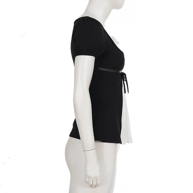 Layered Puff-Sleeve Bow Top