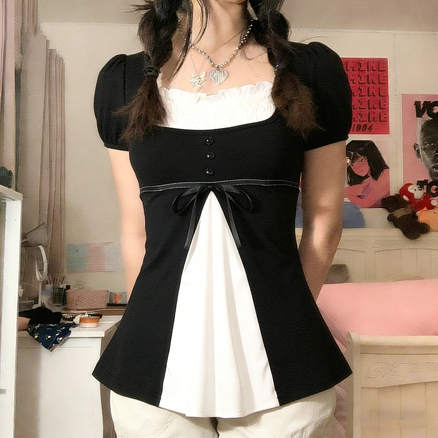 Layered Puff-Sleeve Bow Top