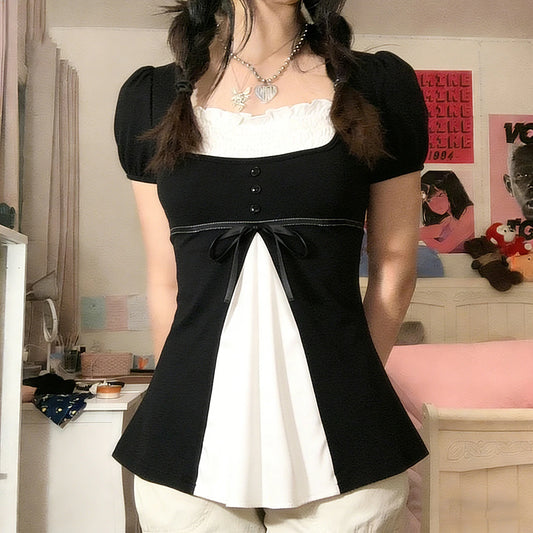 Layered Puff-Sleeve Bow Top