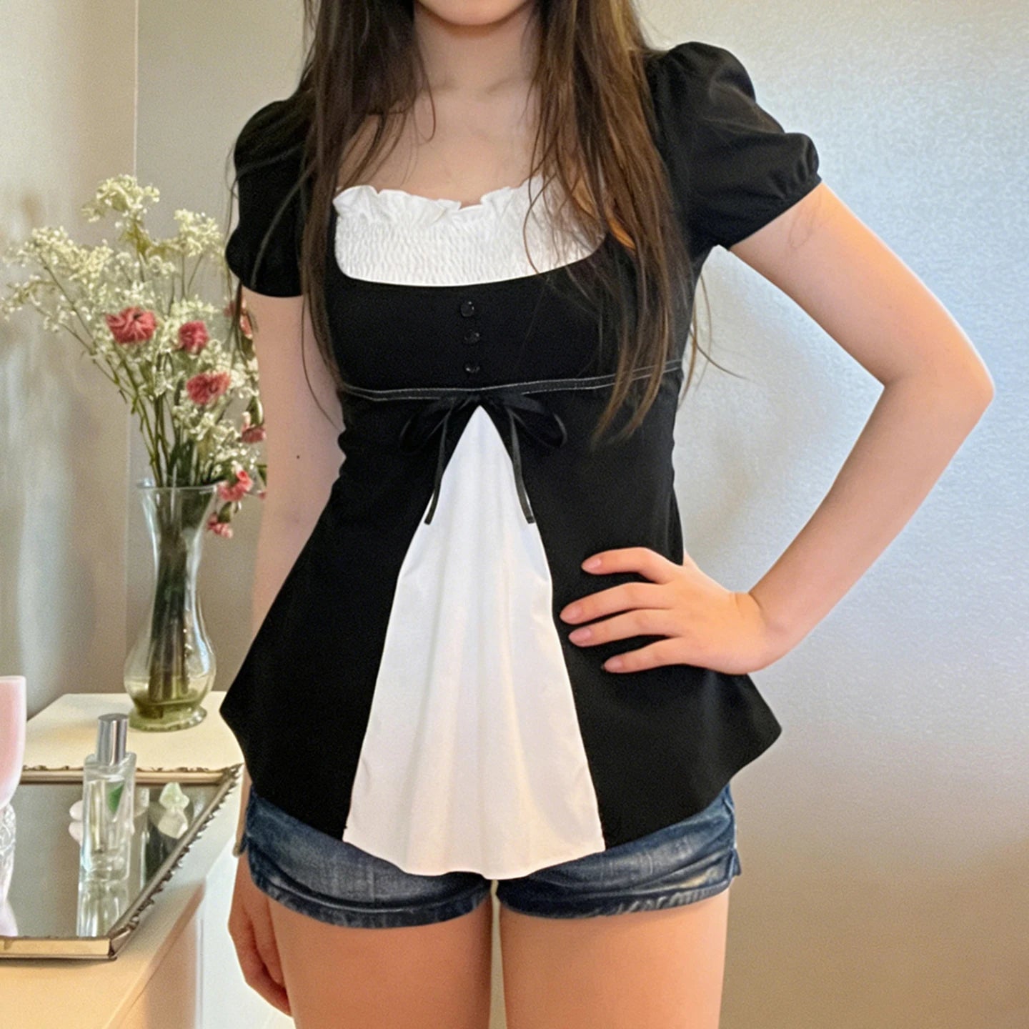 Layered Puff-Sleeve Bow Top