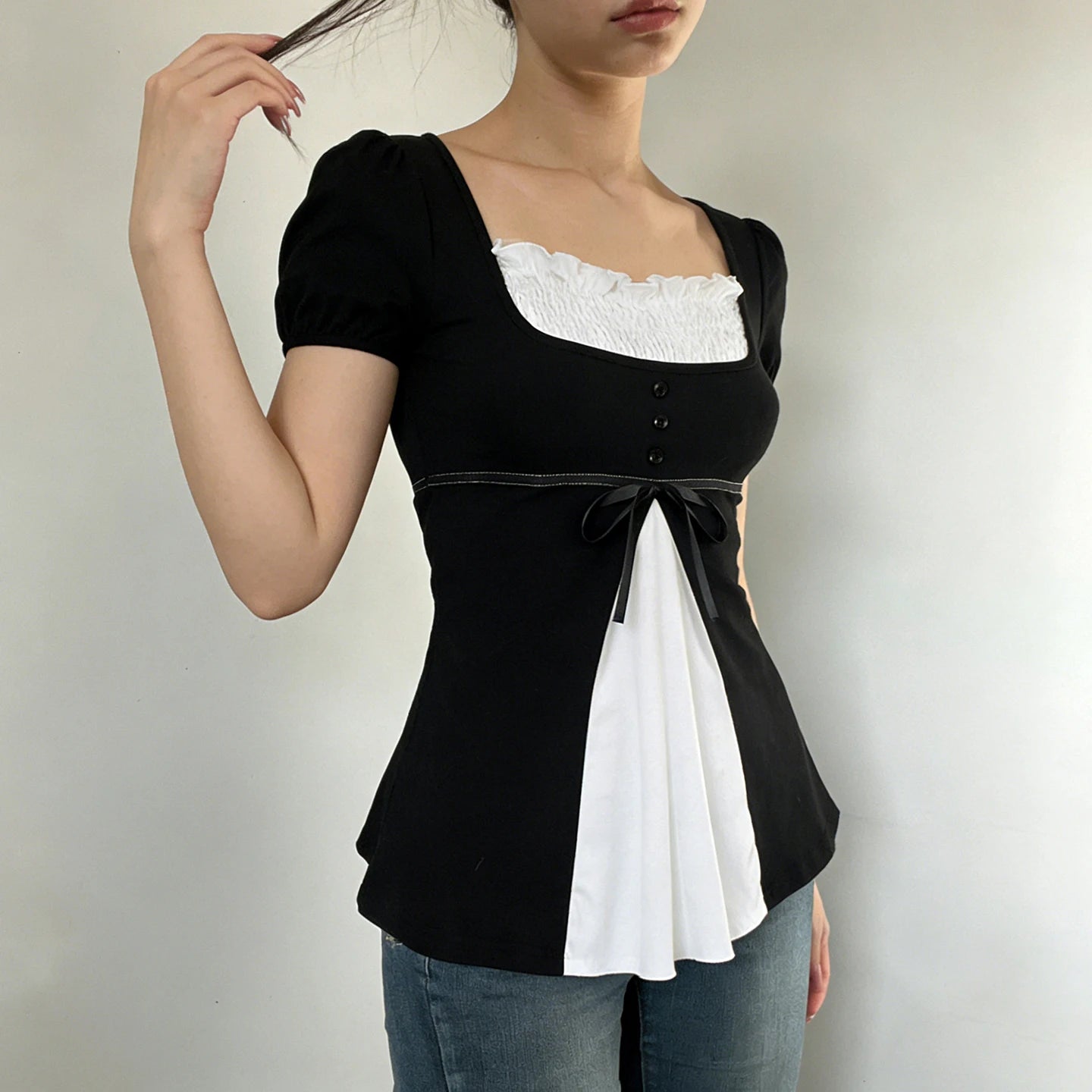 Layered Puff-Sleeve Bow Top