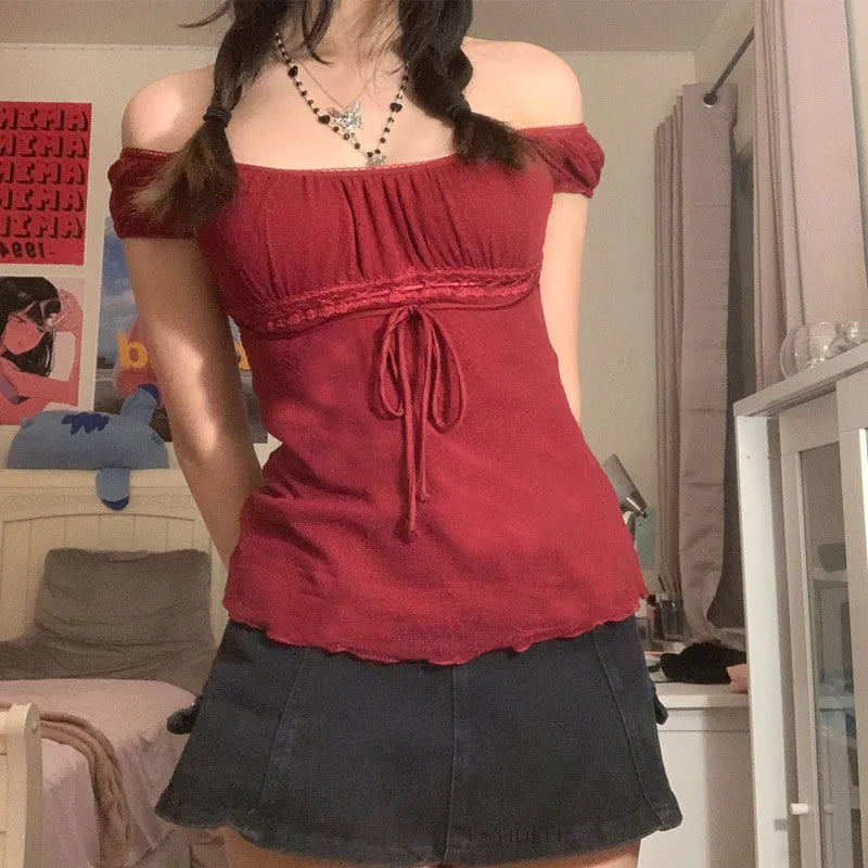 Y2K Lace Off-Shoulder Top