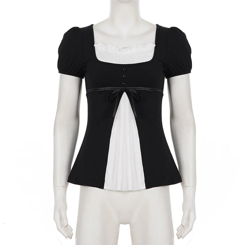 Layered Puff-Sleeve Bow Top